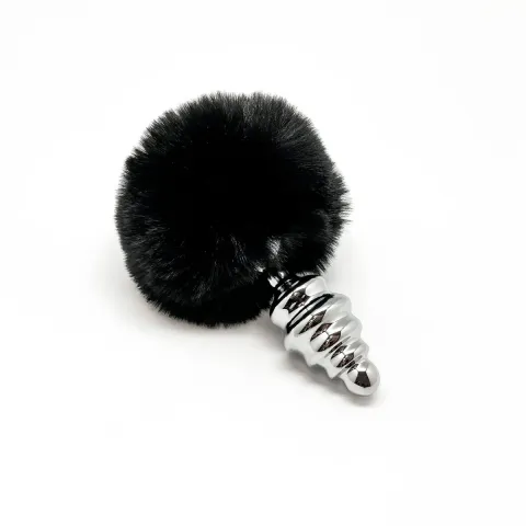 Металлическая анальная пробка «Кроличьи хвостик» Alive Fluffy Twist Plug M Black, диаметр 3,4 см