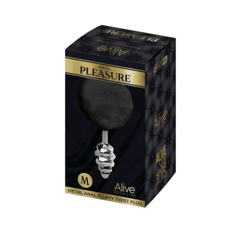 Металлическая анальная пробка «Кроличьи хвостик» Alive Fluffy Twist Plug M Black, диаметр 3,4 см