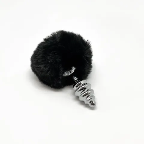 Металлическая анальная пробка «Кроличьи хвостики» Alive Fluffy Twist Plug S Black, диаметр 2,9 см