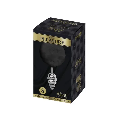 Металлическая анальная пробка «Кроличьи хвостики» Alive Fluffy Twist Plug S Black, диаметр 2,9 см