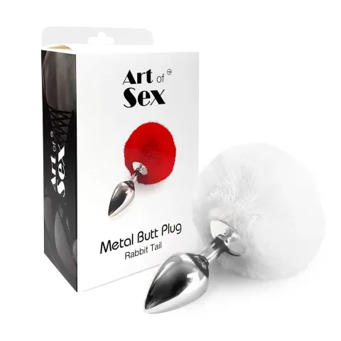 Металева анальна пробка М Art of Sex - Metal Butt plug Rabbit Tail White, діаметр 3,4 см