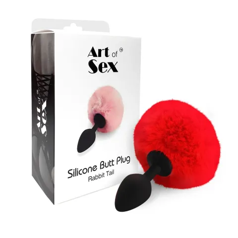 Силиконовая анальная пробка М Art of Sex — Silicone Butt plug Rabbit Tail Red, диаметр 3,5 см