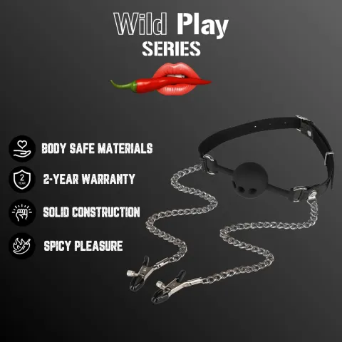 Набор для БДСМ — Erospace Wild Play: кляп для рта с зажимами для сосков C15