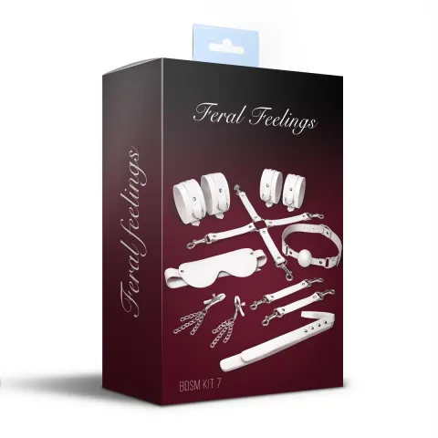 Набір Feral Feelings BDSM Kit 7 White, наручники, поножі, конектор, маска, падл, кляп, затискачі