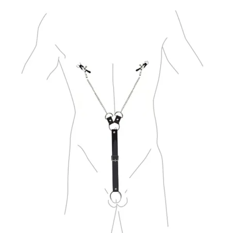 Зажимы для сосков с креплением на пенисе Art of Sex – Nipple Clamps for Men, экокожа