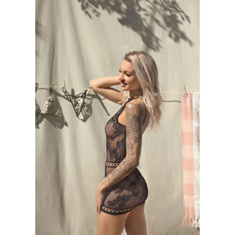 Ажурное платье-сетка Leg Avenue Lace mini dress с вырезами, чёрное, один размер