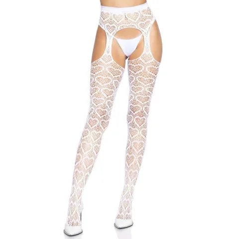 Ажурные колготки с сердечками Leg Avenue Heart White, один размер, имитация чулков