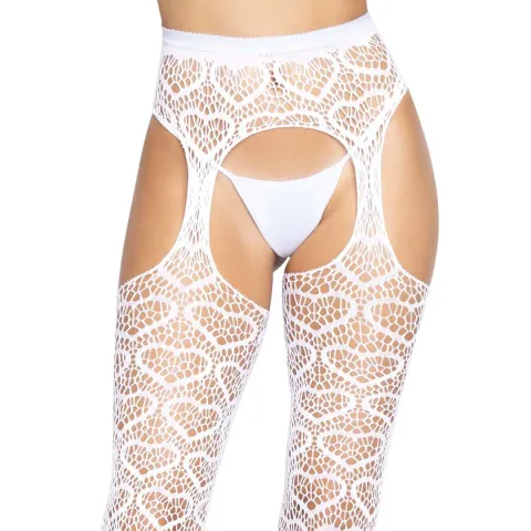 Ажурные колготки с сердечками Leg Avenue Heart White, один размер, имитация чулков