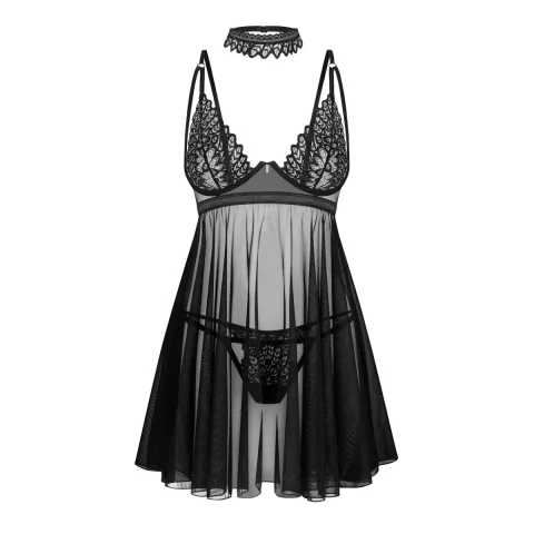 Бебі-дол Obsessive Donarella babydoll & thong, M/L, мереживний ліф, чокер та стрінги в комплекті