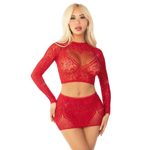 Блискучий комплект кроп-топ і спідниця Leg Avenue Rhinestone One Size, Red, довгий рукав