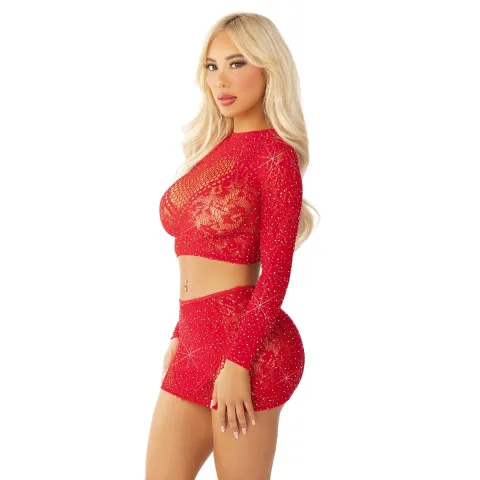 Блискучий комплект кроп-топ і спідниця Leg Avenue Rhinestone One Size, Red, довгий рукав