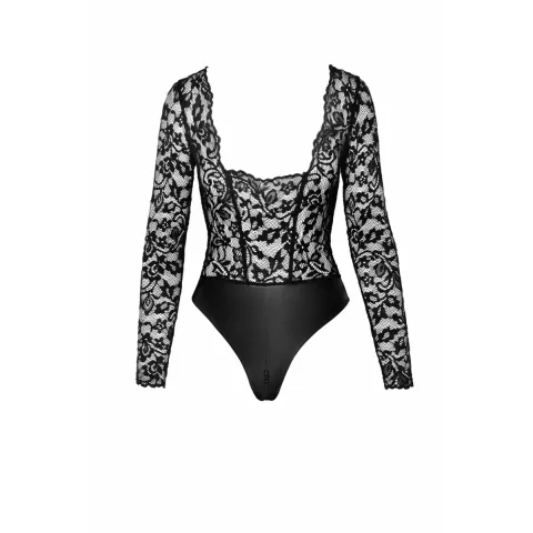 Боді Noir Handmade F296 Psyche, XXL, мереживо, довгий рукав, низ під латекс, з доступом