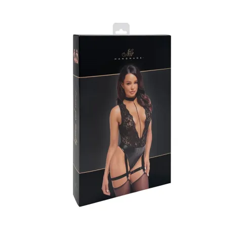 Боді Noir Handmade F297 Libido, XL, чорне, мереживо, низ під латекс, відкритий доступ, гартери
