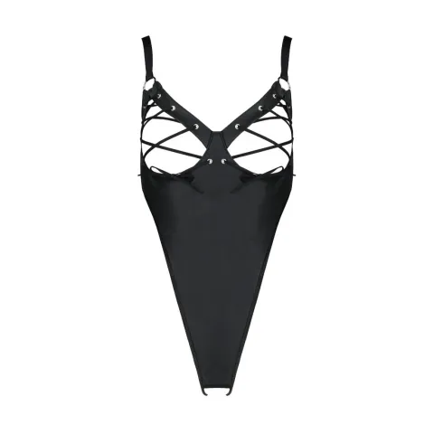 Боди из экокожи Passion CELINE BODY 4XL/5XL черного цвета, с вырезом, открытый