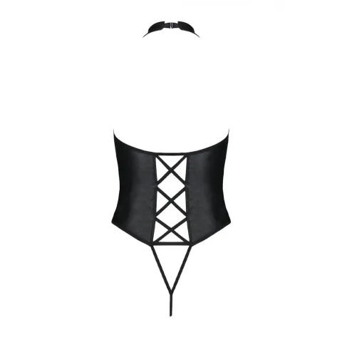 Боді з екошкіри Passion NANCY BODY 4XL/5XL black, з імітацією шнурівки та відкритим доступом