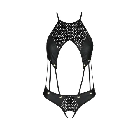 Боди с открытым вырезом Passion TASMINA BODY L/XL black, экокожа, шнуровки, ажурное кружево