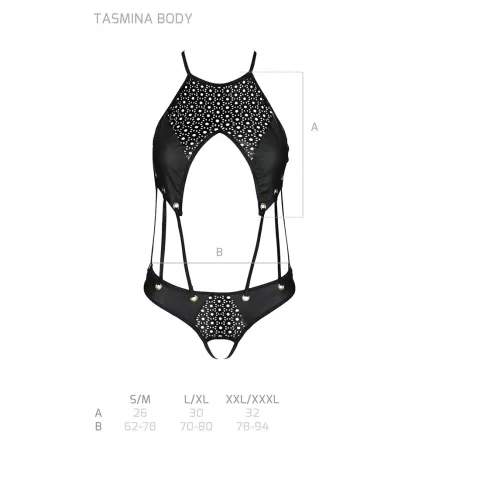 Боди с открытым вырезом Passion TASMINA BODY XXL/XXXL, черный, экокожа, шнурки, ажурное кружево