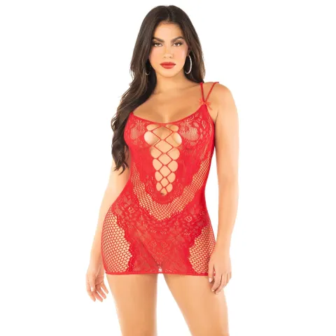 Эротическое мини-платье Leg Avenue Lace and Net Mini Dress, красное, один размер, ажурное, с открытой спиной