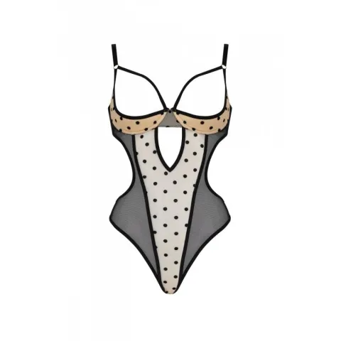 Эротическое боди Passion MARINA BODY, L/XL, бежевое, с открытыми чашками