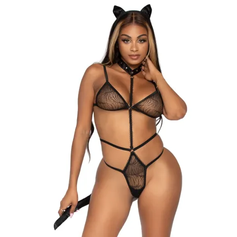 Эротический костюм кошки Leg Avenue Roleplay Sex Kitten, один размер, черный: боди, ушки, чокер