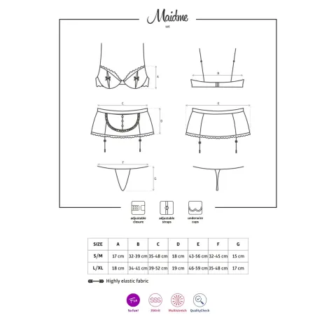 Эротический костюм горничной Obsessive Maidme set 5pcs S/M, бюстгальтер, пояс с фартуком, чулки