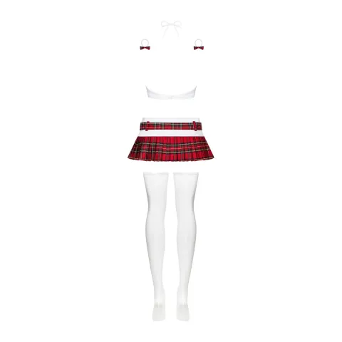 Эротический костюм школьницы с мини-юбкой Obsessive Schooly 5 фигур L/XL, белый и красный, топ, s