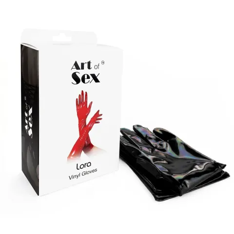 Глянсові вінілові рукавички Art of Sex - Lora, розмір S, колір чорний з ефектом голограми