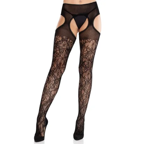 Колготки Leg Avenue Cross Hatch с цветочным кружевом и подвязками, универсальный размер