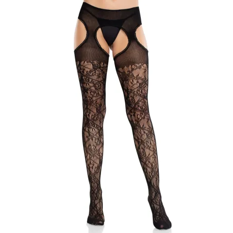 Колготки Leg Avenue Cross Hatch с цветочным кружевом и подвязками, универсальный размер