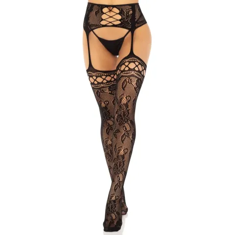 Колготки-чулки Leg Avenue French Rose Backseam Garter Belt Stockings, чёрные, One Size, с открытым задом