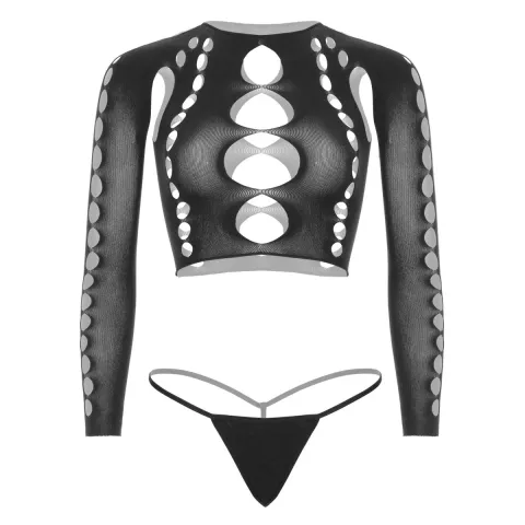 Комплект бесшовного нижнего белья Leg Avenue Long sleeve crop top & string Black, One Size, топ, стринги