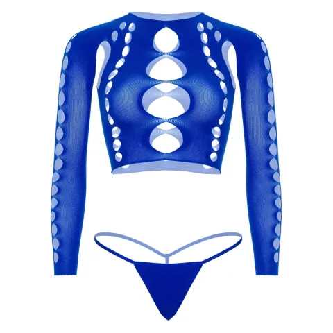 Комплект бесшовного нижнего белья Leg Avenue Long sleeve crop top & string Royal Blue One Size, топ, стринги