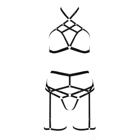Passion Exclusive MORGAN SET OpenBra XXL/XXXL комплект нижнего белья, чёрный, лямки, трусики, корсет, ремень