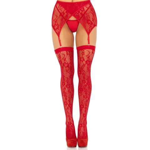 Комплект Leg Avenue Lace thigh highs & garterbelt, One Size, червоний, панчохи та пояс з пажами