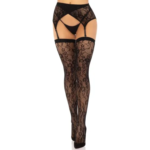 Комплект Leg Avenue Lace thigh highs & garterbelt, One Size, чорний, панчохи та пояс з пажами