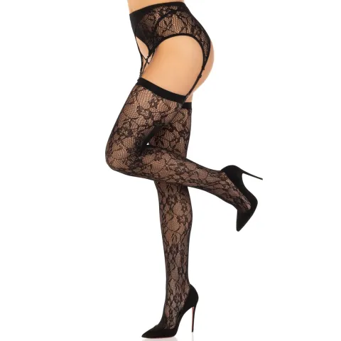 Комплект Leg Avenue Lace thigh highs & garterbelt, One Size, чорний, панчохи та пояс з пажами