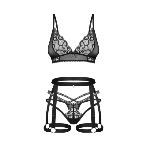 Комплект Obsessive Blomentis, 3 предмета, XS/S: мягкий лиф, стринги с бретелями, пояс с подвязками