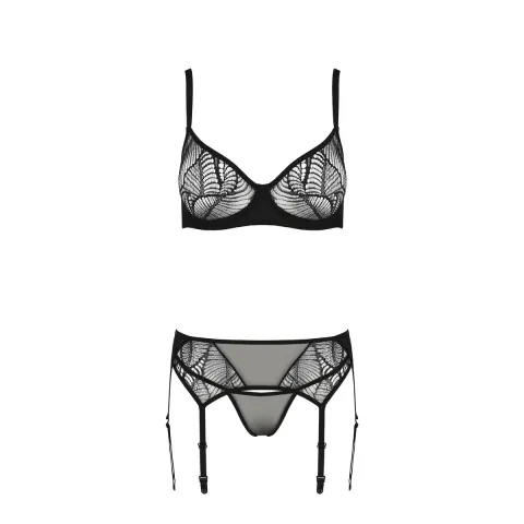 Passion LEAFA SET чёрный S/M, кружево + сетка, бюстгальтер с косточками, стринги, пояс для чулка
