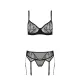 Passion LEAFA SET чёрный S/M, кружево + сетка, бюстгальтер с косточками, стринги, пояс для чулка