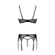 Passion LEAFA SET чёрный S/M, кружево + сетка, бюстгальтер с косточками, стринги, пояс для чулка