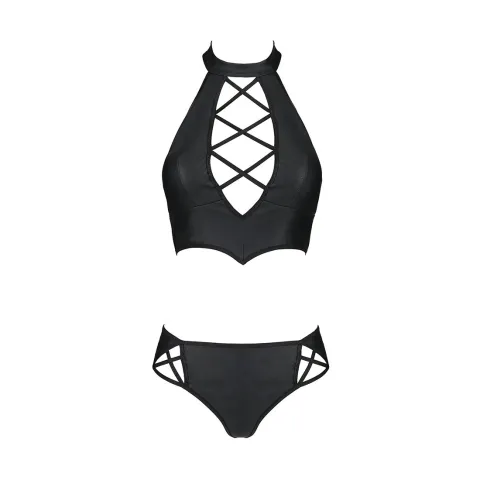 Комплект эко-кожи Passion NANCY BIKINI S/M, чёрный, бюстгальтер и трусики с имитацией шнуровки