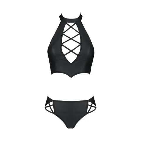 Комплект з екошкіри Passion NANCY BIKINI 4XL/5XL black, бра та трусики з імітацією шнурівки