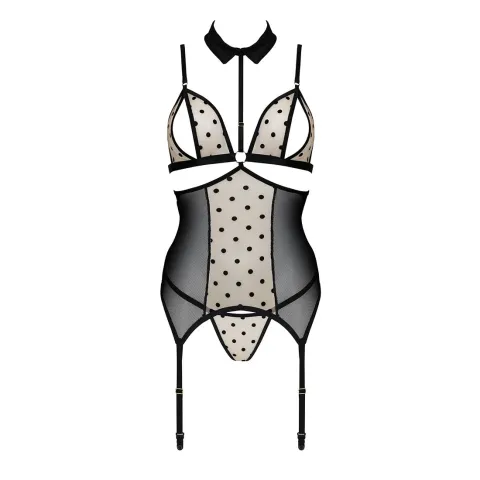 Корсет з відкритими грудьми Passion DOMINICA CORSET L/XL beige, пажі для панчіх, стрінги