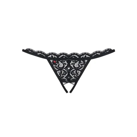 Кружевные стринги с двумя отверстиями Obsessive 831-THC-1 crotchless thong S/M, черные, с бантиками