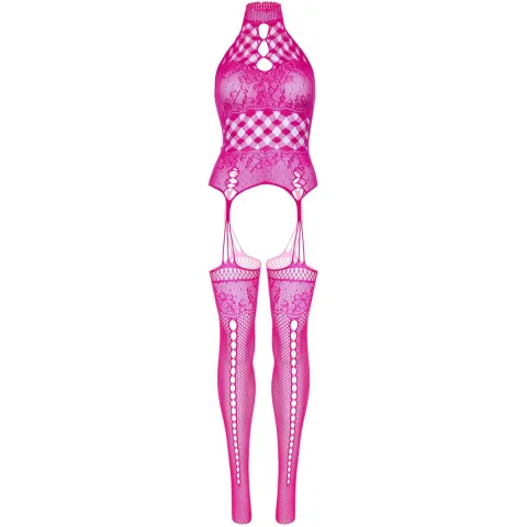 Мереживний бодістокінг з відкритим доступом Leg Avenue High neck lace bodystocking One size Raspberr