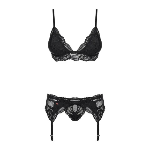 Кружевной комплект нижнего белья Obsessive 810-SEG-1 L/XL Black: бюстгальтер, стринги, пояс для чулков