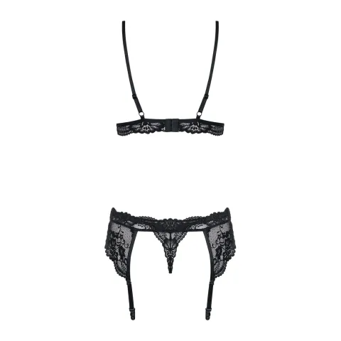 Кружевной комплект нижнего белья Obsessive 810-SEG-1 L/XL Black: бюстгальтер, стринги, пояс для чулков