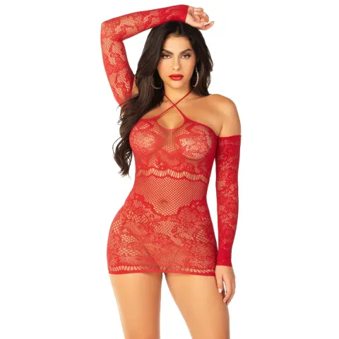 Мінісукня із сітки з мереживними акцентами Leg Avenue Seamless Off The Shoulder Mini Dress One Size, Red