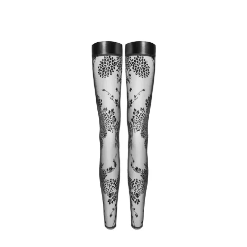 Панчохи без миска Noir Handmade F243 Tulle stockings with patterned flock embroidery, M