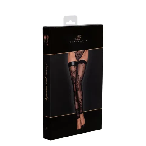 Панчохи без миска Noir Handmade F243 Tulle stockings with patterned flock embroidery, M